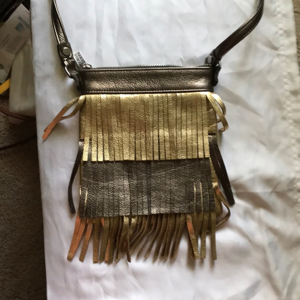 Fringed gold and bronze crossbody purse